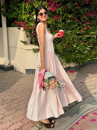 Square Neck Drop Waist Pleated Gathered Skirt Midi Dress
