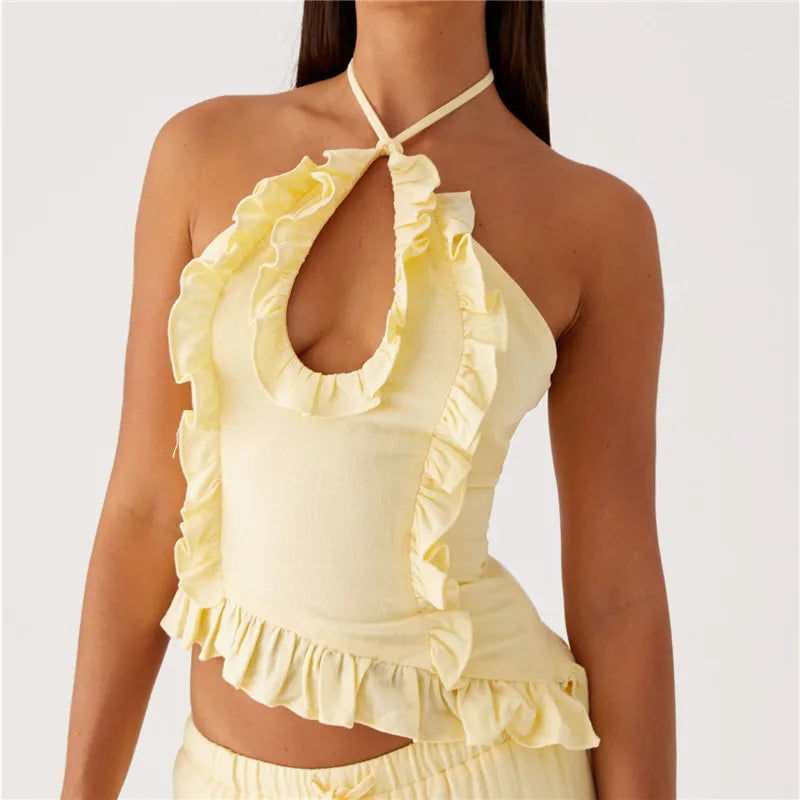 Ruffle Frill Cute Y2K Front Cut-out Backless Cami Top