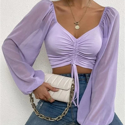 V-Neck Drawstring Bandage Sheer Top