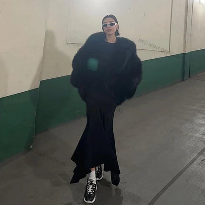 Brand Runway Fashion Iconic Hooded Batwing Faux Fur Coat Women Chic Winter Hailey Bieber Shaggy Overcoat Fox Fur Jacket