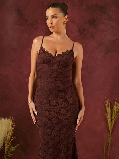 Floral Lace Sweetheart Bustier Spaghetti Strap Mermaid Maxi Gown