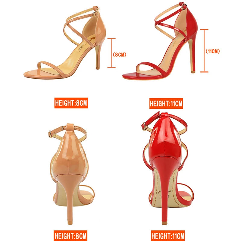 Shoes Pumps Open Toe High Heels Patent Leather Women Heels Stiletto 11 Cm 7.5cm Summer Heels Sandals Women Party Shoes