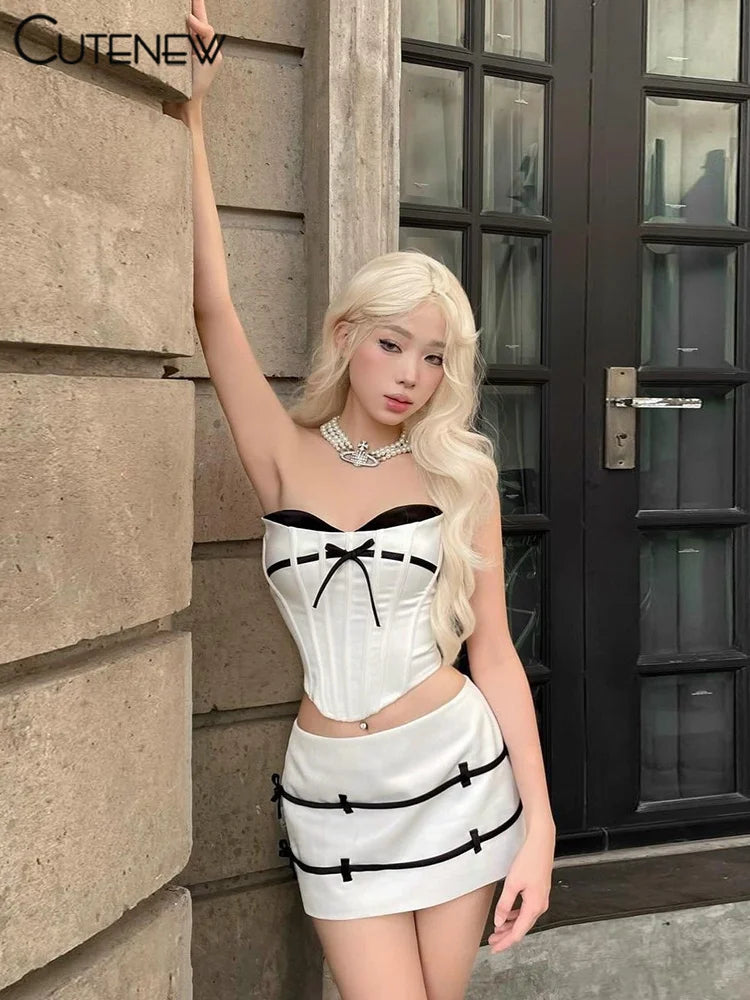 Bows Striped Trend 2 Piece Set Women Concise Sexy Wrapped Chest Crop Tops+High Waist Mini Skirts Female Stunning Outfits