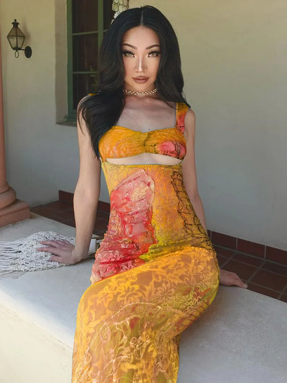 Sweetheart Neck Bust Cutout Butterfly Graphic Print Bodycon Maxi Dress