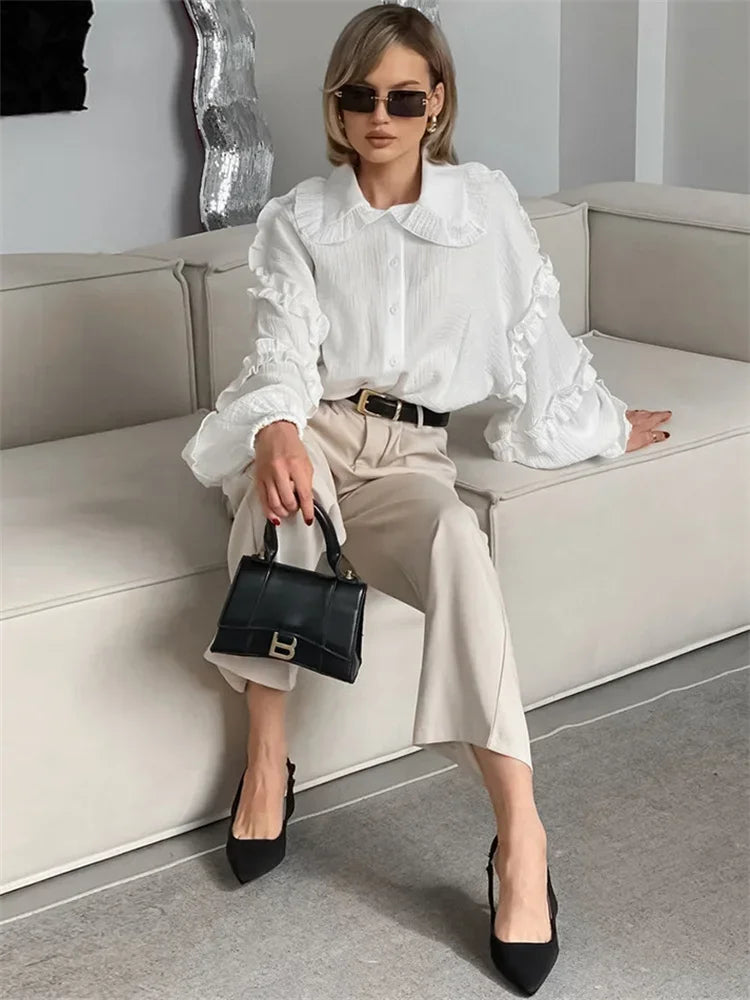 Ruffled White Loose Shirts For Women Long Sleeve Elegant Fashion Autumn Solid Casual Outwear Female Shirts Coat Summer New