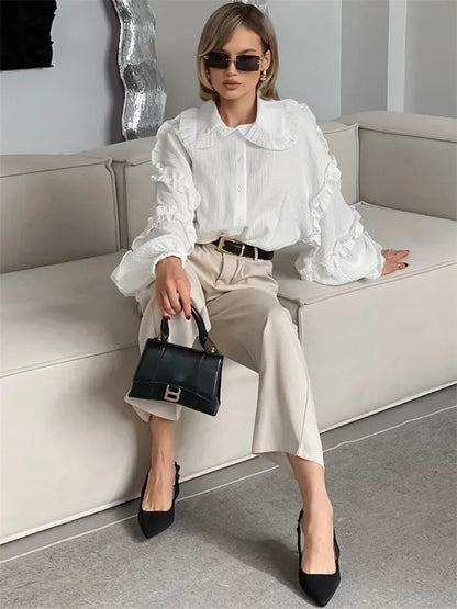 Ruffled White Loose Shirts For Women Long Sleeve Elegant Fashion Autumn Solid Casual Outwear Female Shirts Coat Summer New