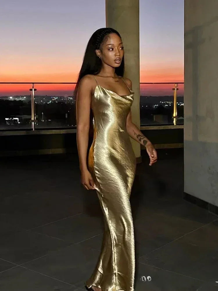 Elegant Satin Backless Spaghetti Strap Slip Dress