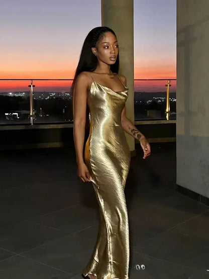 Elegant Satin Backless Spaghetti Strap Slip Dress