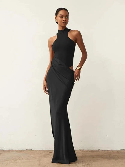 Satin Mock Neck Halter Bodycon Mini Dress Wrap Drape Cutout Maxi Dress