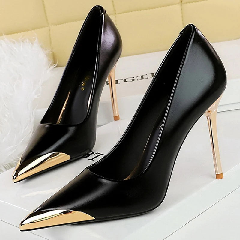 Shoes Retro High Heels Metal Pointed Tip Women Pumps Stiletto 9.5 Cm And 4.5cm Heels Sexy Party Shoes Office Shoes