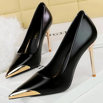Shoes Retro High Heels Metal Pointed Tip Women Pumps Stiletto 9.5 Cm And 4.5cm Heels Sexy Party Shoes Office Shoes