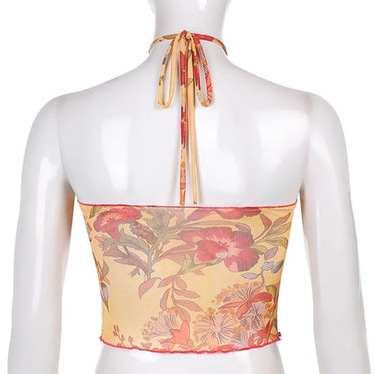 00s Floral Pattem Mesh Sheer Camis Hotsweet E-girl Slim Fit Backless Halter Tops Women Sleeveless Crop Top Vest Y2K Streetwear