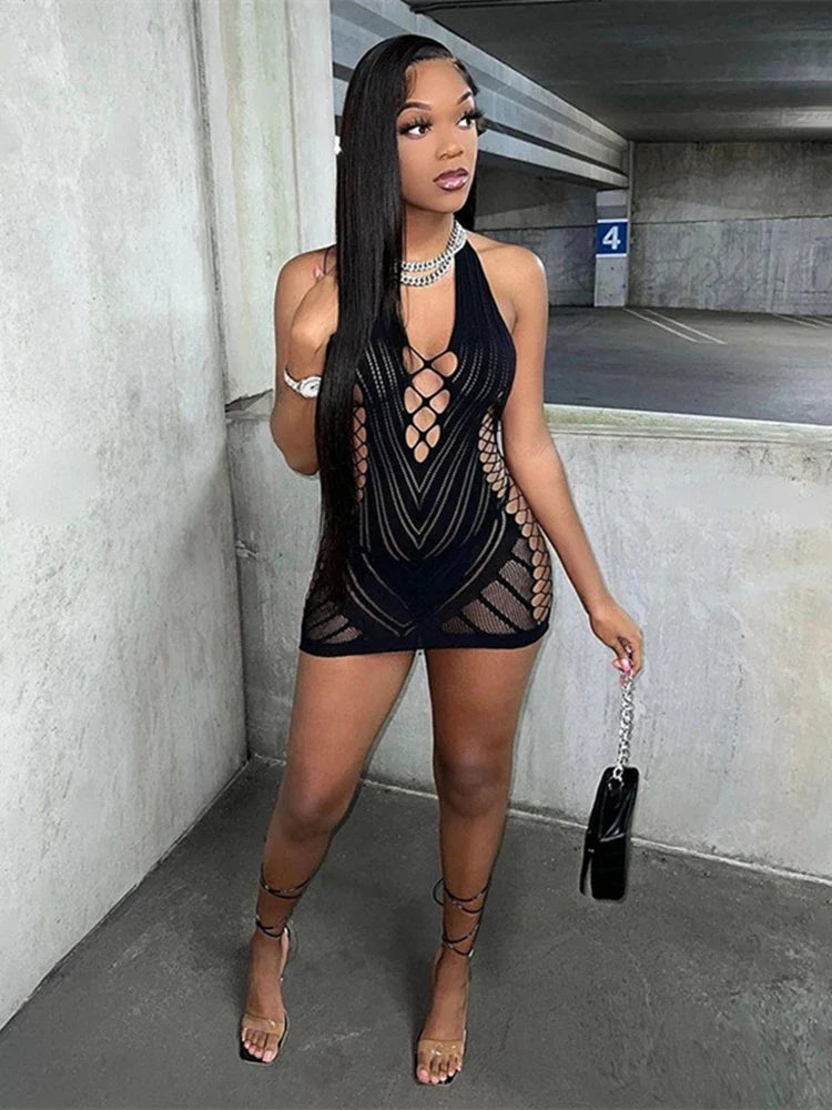 Transparent Lace Halter Backless Mini Dress