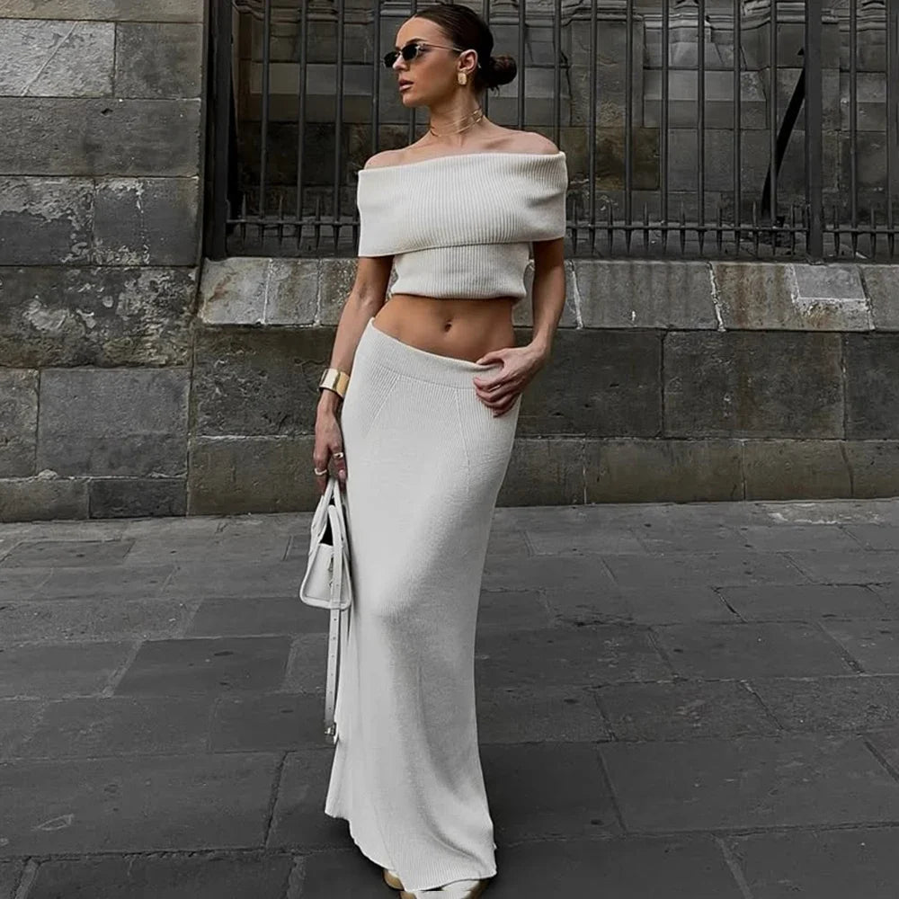 One Shoulder Slit Skirt Knit Set