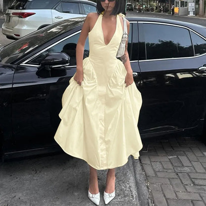 Halter Plunging V-Neck Drop Waist Pleated Fit and Flare Midi Dress