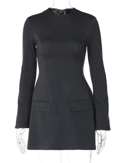 Elegant Long Sleeve Slim Mini Dress For Women A-Line High Waist Two Pockets Solid Autumn Winter New Party Dress Female