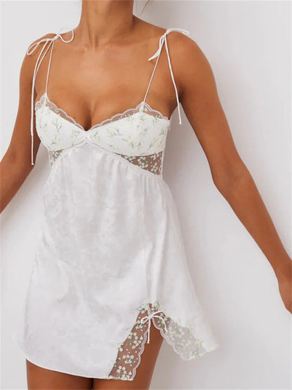 Jacquard Floral Lace Panel Tie Strap Side Slit Mini Slip Dress
