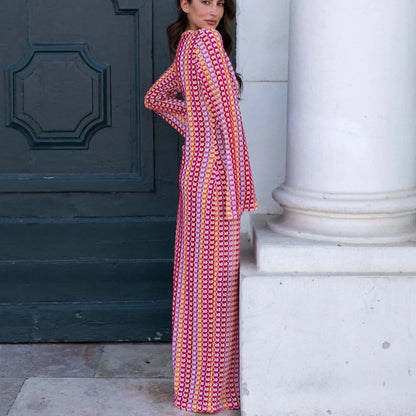 Crochet Stripe Flare Sleeve Maxi Dress