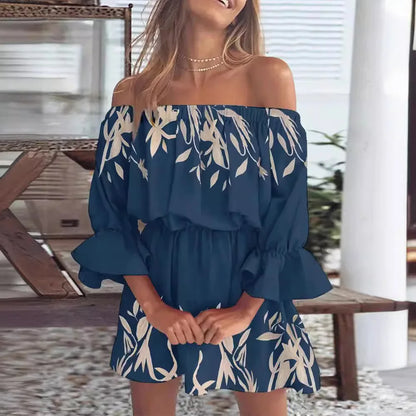 Off Shoulder Floral Print Bell Sleeve Elastic Waist Ruffle Cuff Mini Dress