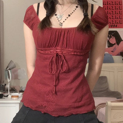 Square Collar Kawaii Bow Vintage Crop Top