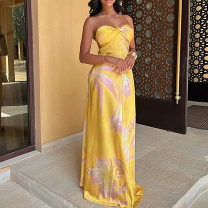 Halter Satin Hollow Slim Floral Dress