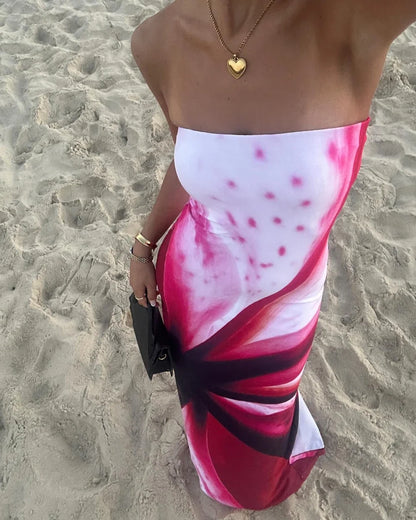 Patchwork Strapless Slim Floral Dress