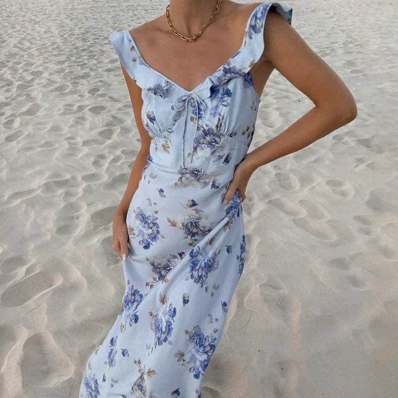Floral Wide Strap Ruffle Trim Deep V Neck Bodycon Midi Dress