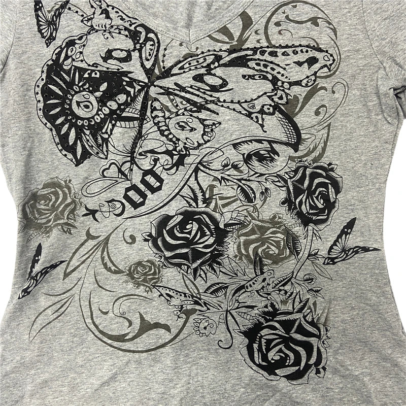 y2k Fairy Grunge Tops Gothic Aesthetic Floral Print V Neck Long Sleeve T Shirt Women Clothes Basic Sweats Streetwear