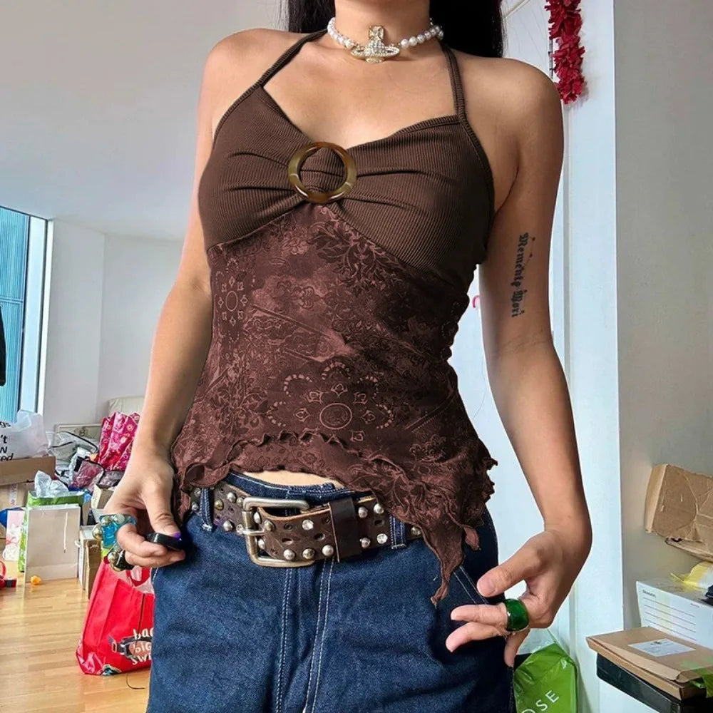 Patchwork Mesh Backless Print Cami Top
