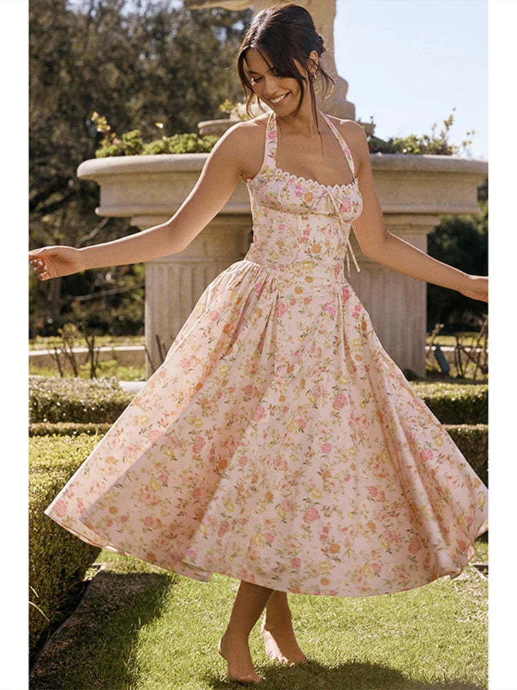 Print Wrap A-line Halter Midi Summer Dress