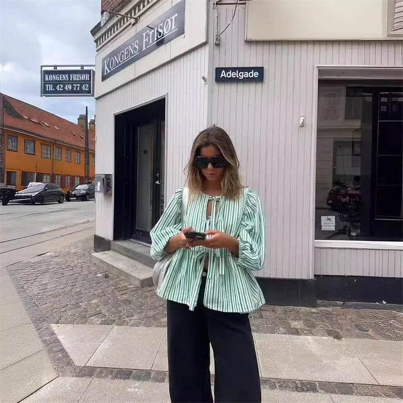 Bowknot Striped Puff Sleeve Cut Out Blouse