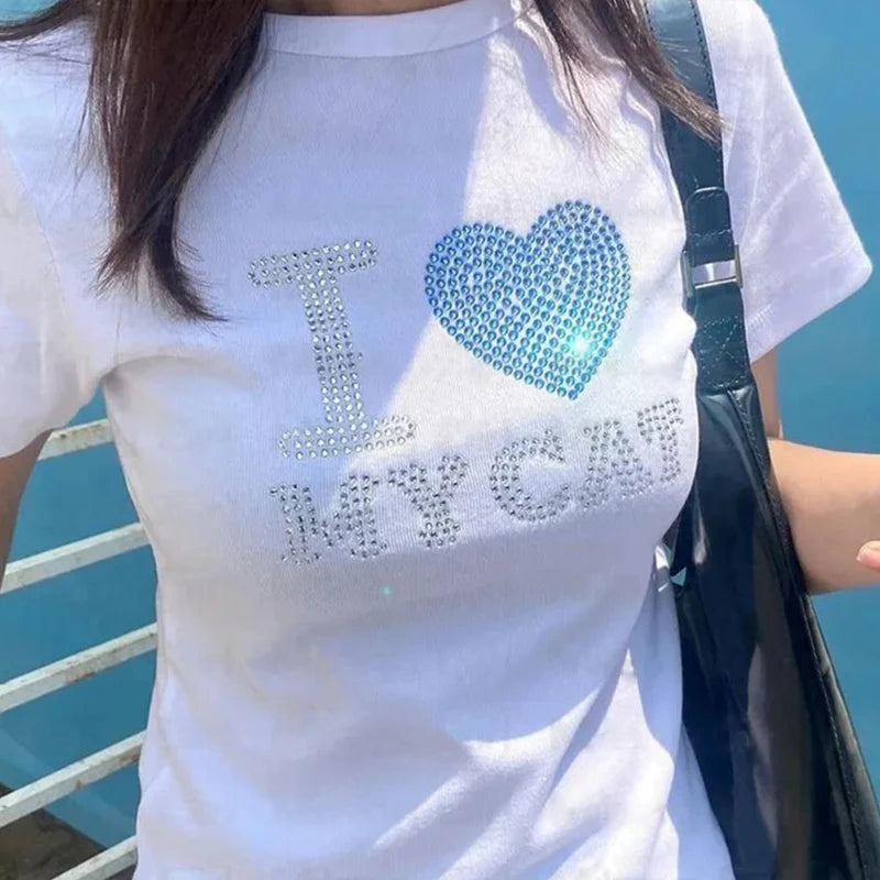 Summer European and American style short sleeved T-shirt with letter hot diamond top, t-shirt with slim fit inside for women
