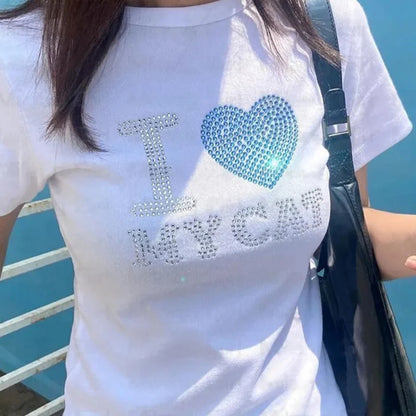 Summer European and American style short sleeved T-shirt with letter hot diamond top, t-shirt with slim fit inside for women