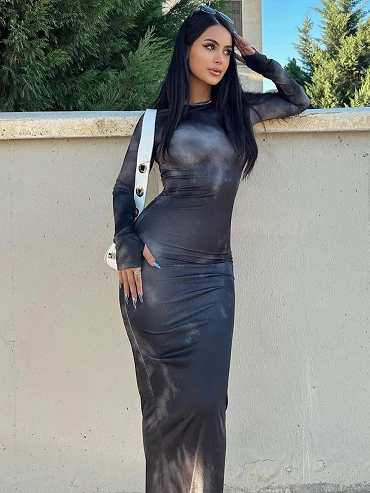 Tie Dye Long Sleeve Wrap Midi Dress