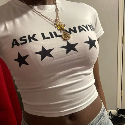 Y2K Star Letter Print Slim Crop Top