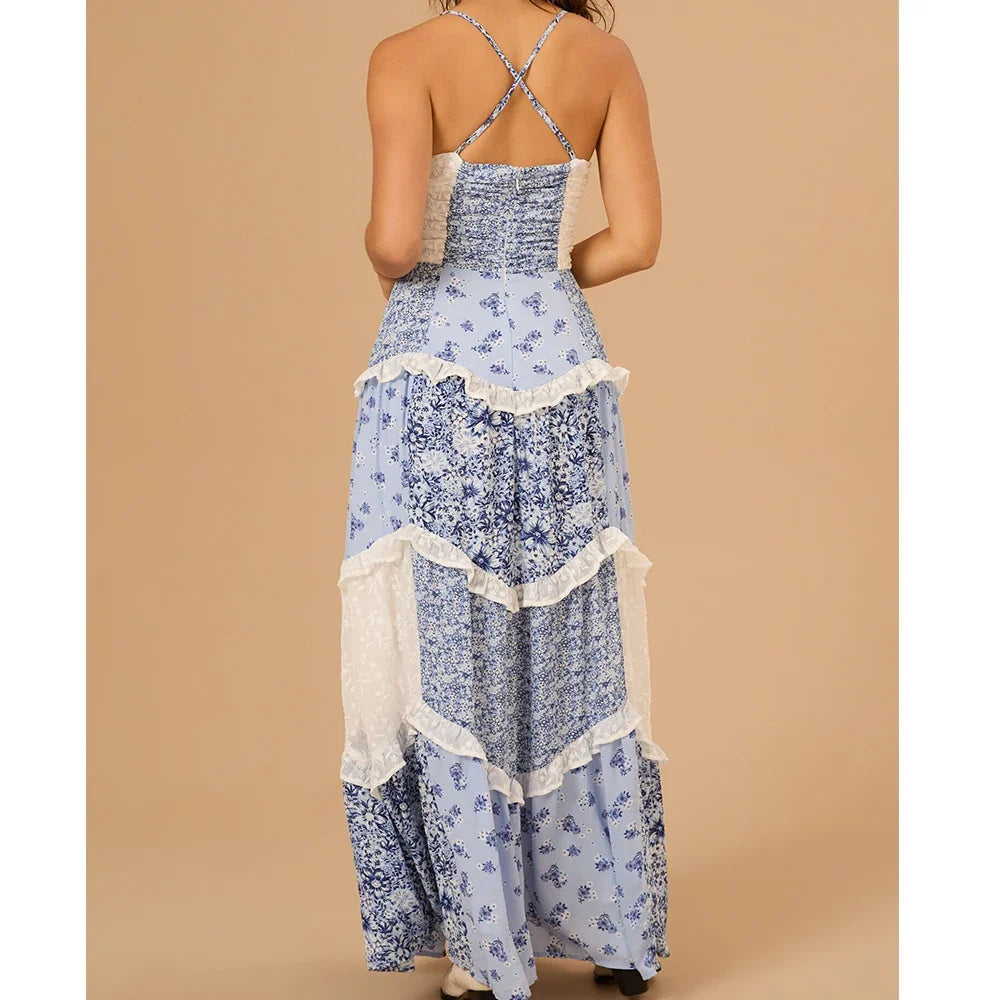 Boho Tie Shoulder Patchwork Floral Dress