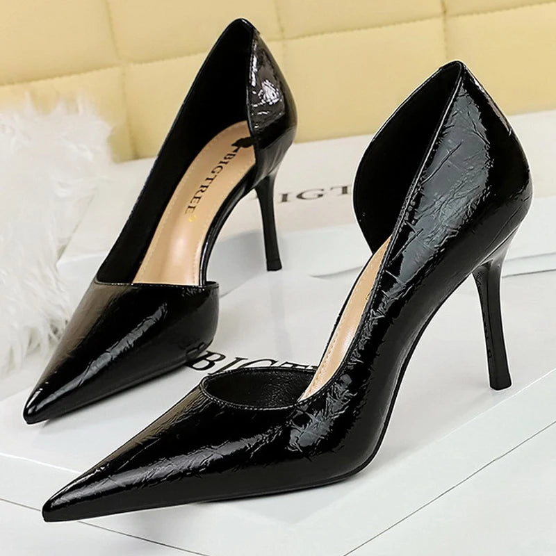 Shoes Women 8 Cm Patent Leather Design Women Pumps Pointed Side Hollow Retro High Heels Stilettos Sexy Party Shoes 43