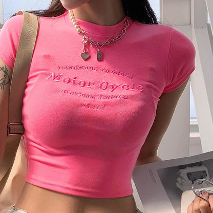 Pink O-Neck Slim Fit Streetwear Crop Top