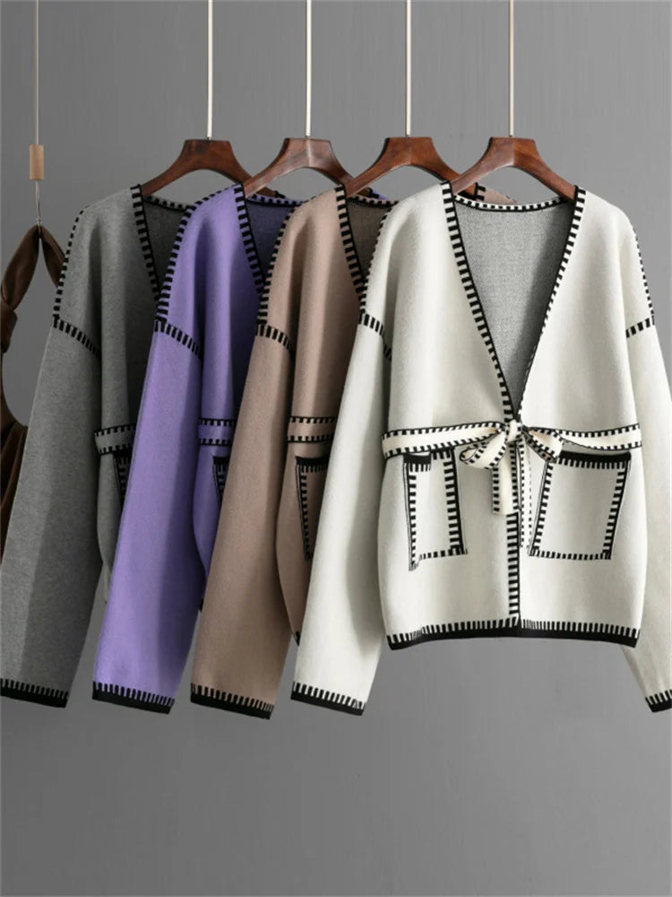Knit Contrast Cardigan Sweater For Women Lace-Up Pocket Long Sleeve Patchwork Loose Coat Autumn Knitwear Women’s Outwear