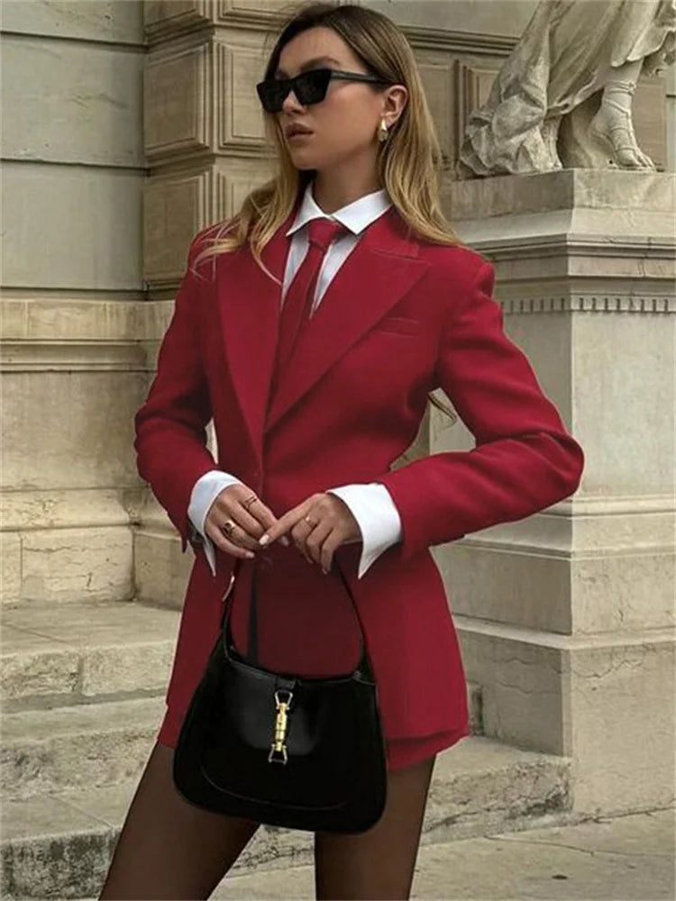 Female 2 Piece-Set Elegant Neckties Suit Pocket Outwear And High Waist Shorts Sets Commute Clothes Women’s Outfits Autumn