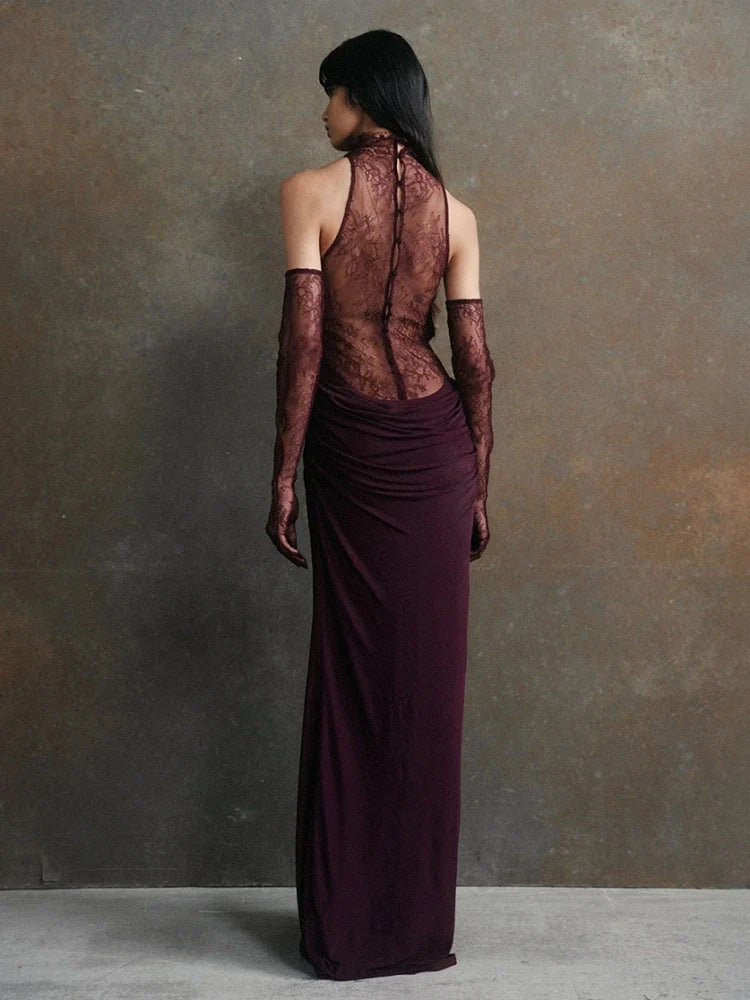 Turtleneck Pleated Gloves Backless Lace Dress
