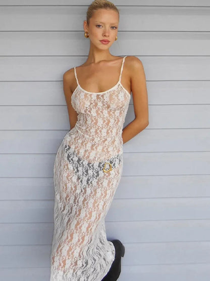 See Through Floral Mesh Lace Black Tie Up Hollow Out Long Midi Dresses