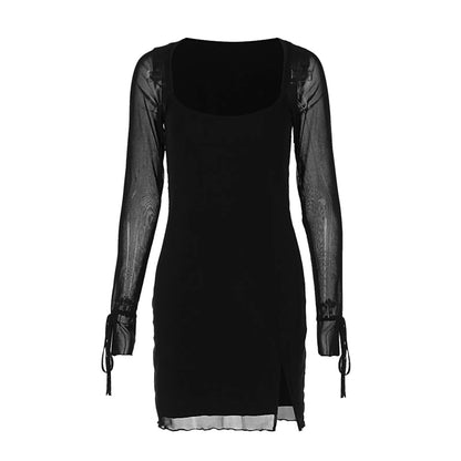 See Through Mesh Square Collar Solid Color Club Slit Mini Dress