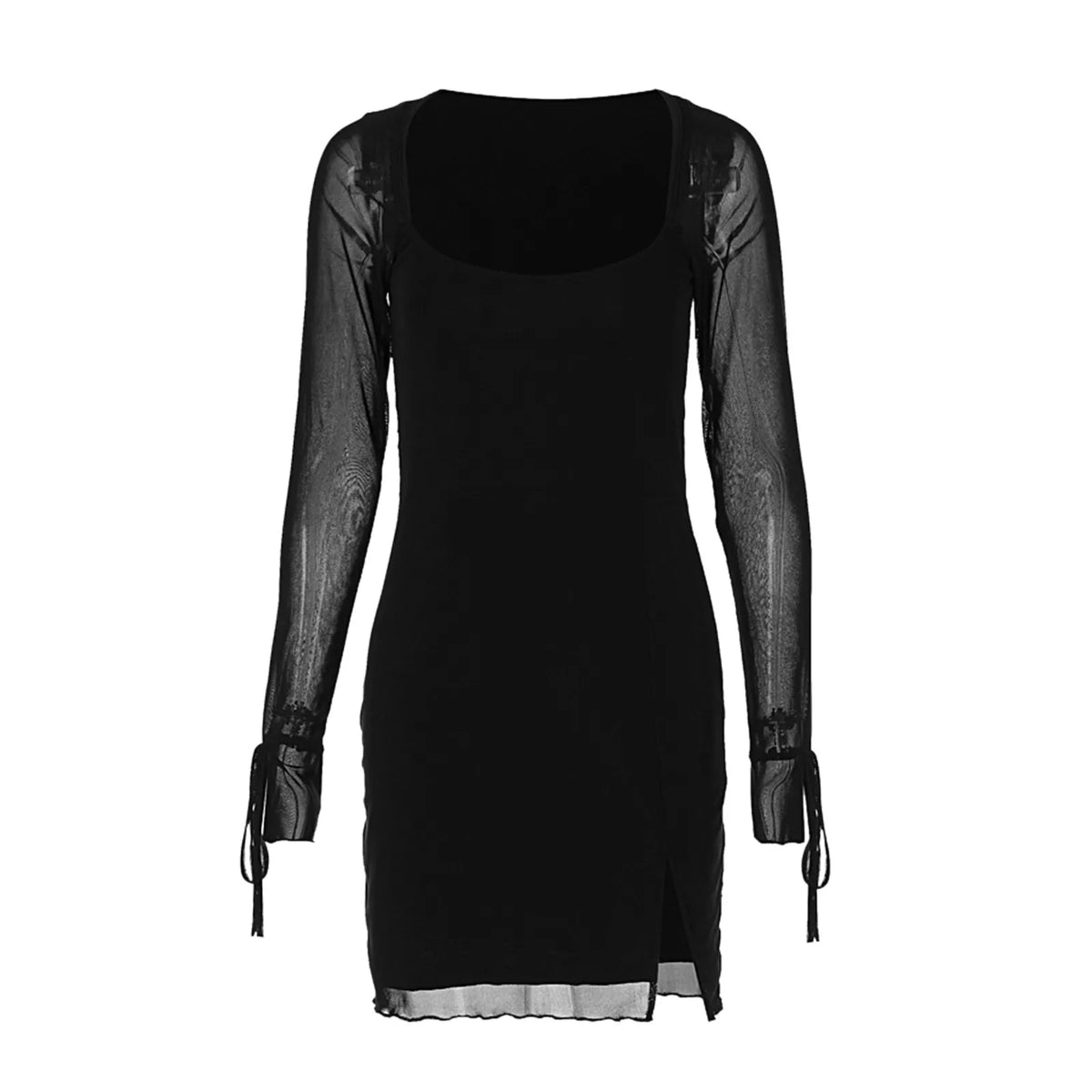 Square Neck Mesh Long Sleeve Ruffle Cuff Tie Bow Side Slit Mini Dress