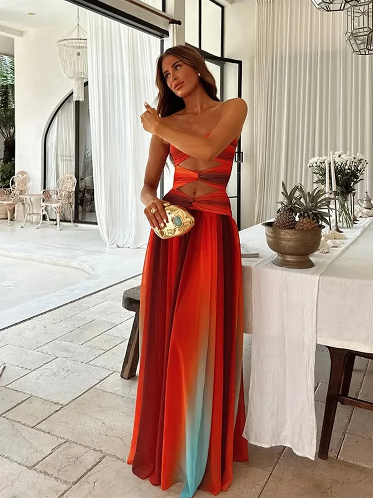 Pleated Tulle Strapless Twist Knot Cut Out Tiered Maxi Dress