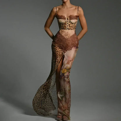 Leopard Mesh Patchwork Maxi Dress