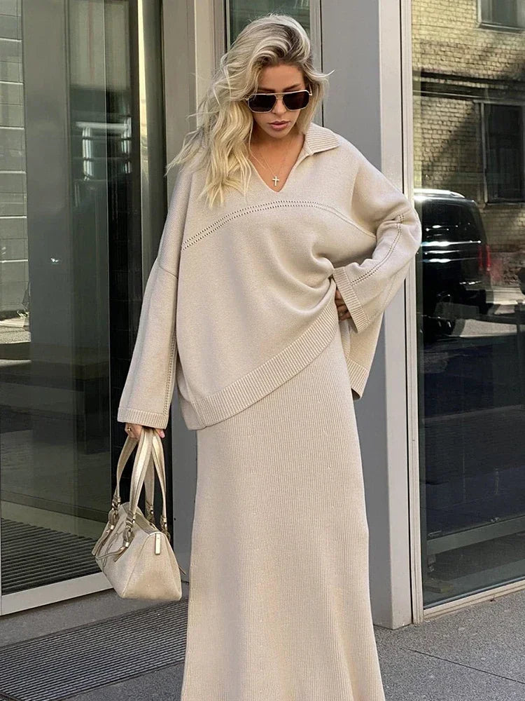 Solid Loose Sweater Suit Female Fashion V-Neck Knit Pollover Top Long Skirt High Waist Autumn Winter Skirt 2 Piece Set