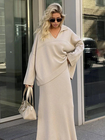 Solid Loose Sweater Suit Female Fashion V-Neck Knit Pollover Top Long Skirt High Waist Autumn Winter Skirt 2 Piece Set