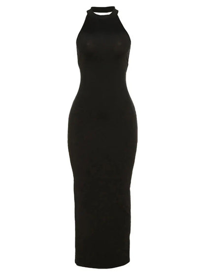Halter Backless Triple Buckle Strap Bodycon Maxi Dress