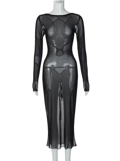 Mesh Sheer Long Sleeve Boat Neck Bodycon Midi Dress